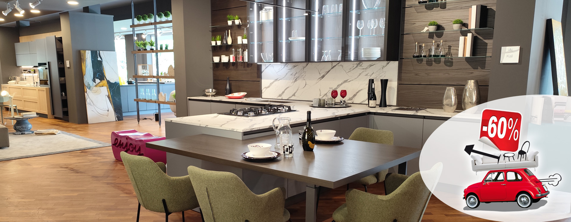 Direttamente dalla nostra esposizione, grande cucina con penisola Kalì Arredo3 in promozione!
