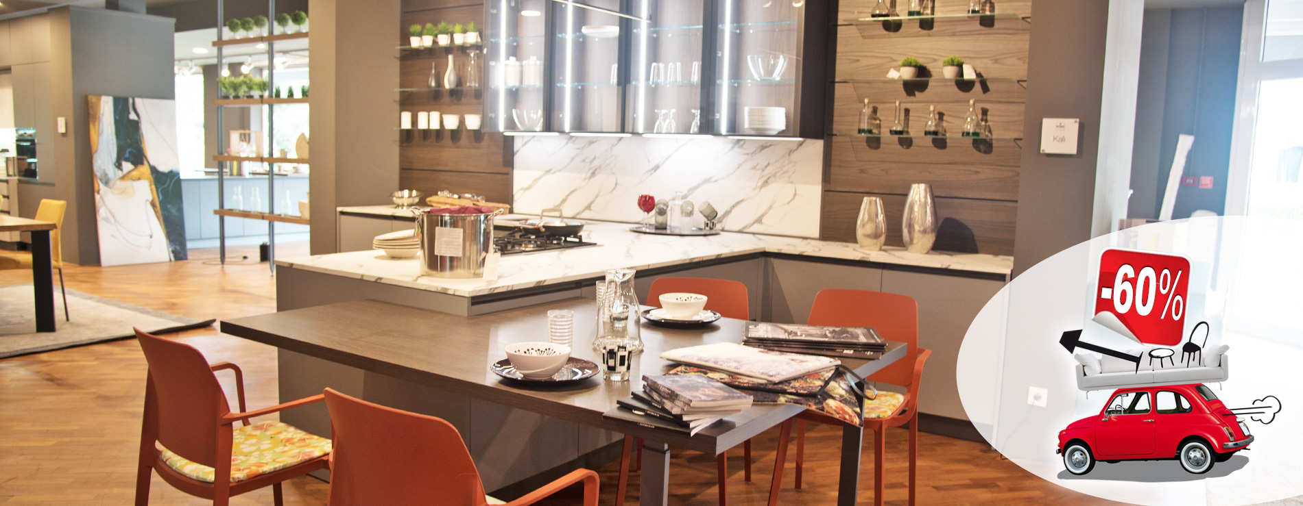 Direttamente dalla nostra esposizione, grande cucina con penisola Kalì Arredo3 in promozione!