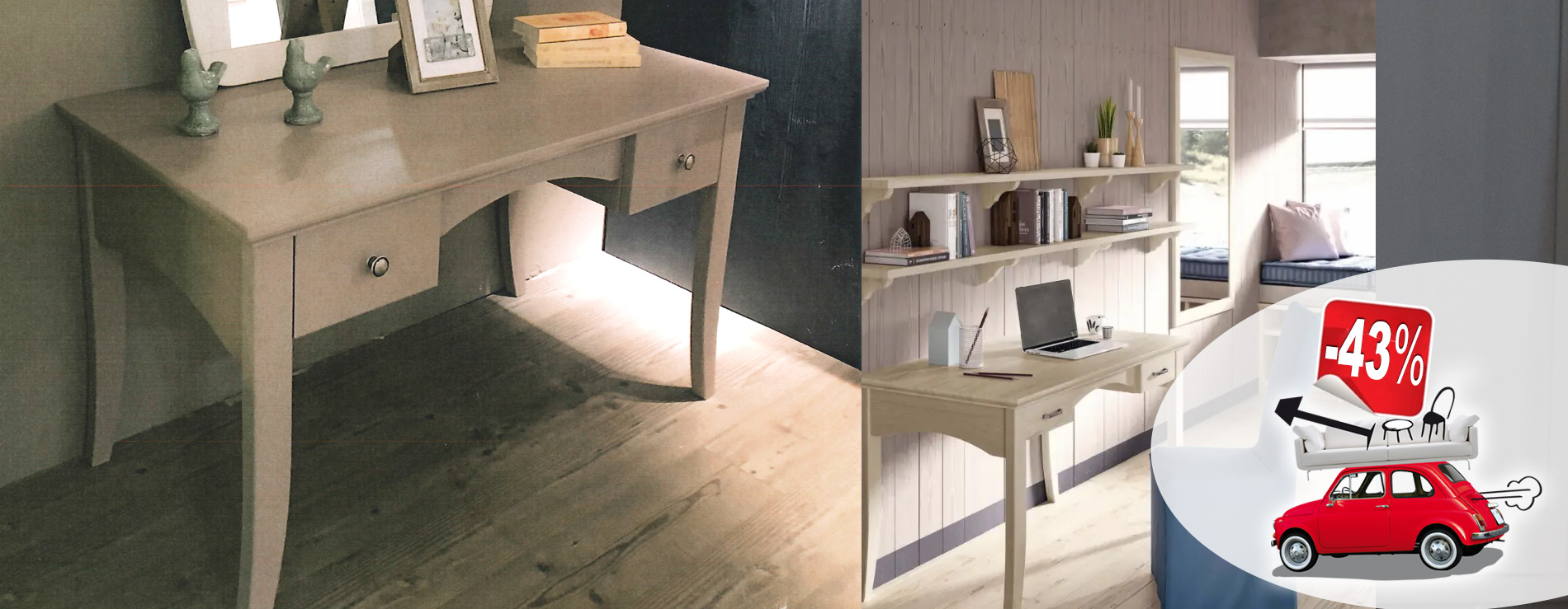 Direttamente dalla nostra esposizione, Scrittoio in legno color tortora con due cassetti Scandola in promozione!